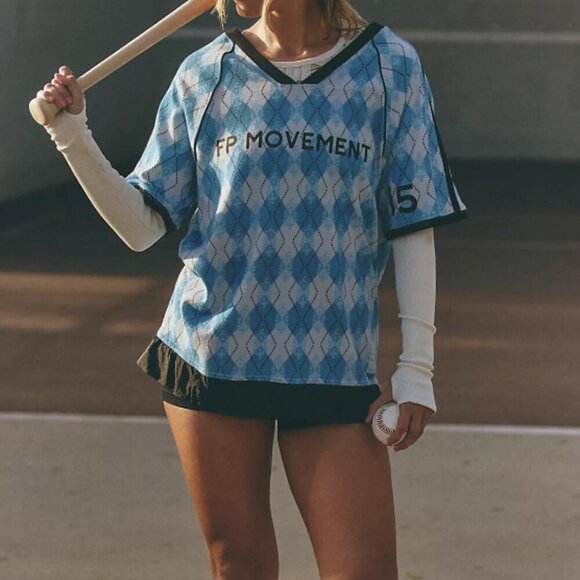 Free People Blue Argyle Short Sleeve Tee - Picture 2 of 6